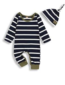 Infant Newborn Baby Boy Clothes Stripe Cotton Romper Long Sleeve Jumpsuit Hat Baby Boys Fall Winter Outfit 0-3 Months from OKGIRL