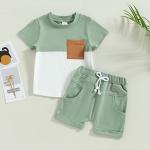 Infant Baby Boys Summer Outfit Clothes Set Color Block Short Sleeve T-Shirt with Shorts Set 2Pcs Toddler Boy Clothes (A Green,18-24 Months) from Doisbetthsay