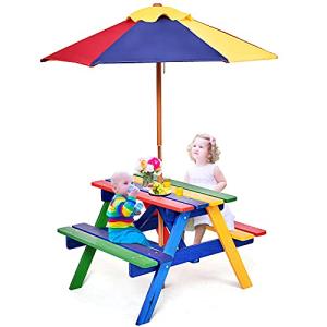 Costzon Kids Picnic Table, Wooden Table & Bench Set with Removable & Foldable Umbrella, Toddler Patio Set for Backyard, Garden, Children Girls & Boys Gift, Kids Table and Chair Set for Outdoors by Costzon