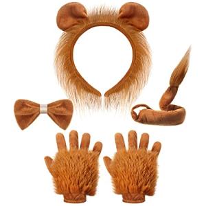 Haysandy 5 Pcs Lion Costume Set Ears Headband Paw Gloves Bow Tie and Tail Brown Fancy Dress Kit Accessories for Kids Halloween Party Celebrations Parties up by 