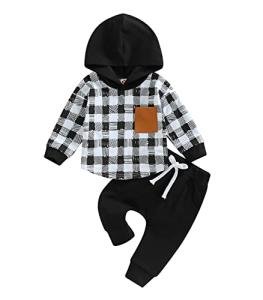 Baby Boys Clothes 3 6 9 12 18 24M 3T Pants Set Hooded Patchwork Hoodie Plaid Sweatpants Fall Winter Outfit (Black-Plaid, 0-6 Months) from MA&BABY