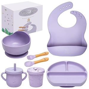Digi Baby 7 Piece Complete Feeding Set, Led Weaning Supplies, Boy-Girl Silicone Utensils, Toddler Suction Plate-Bowl, Adjustable Bib, Snack Cup with Lid, Water Cup, Fork-Spoon, Eating Purple by Digi Baby