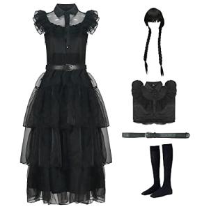 EDAUWAE Wednesday Addams Dress Girls Wednesday Costume for kids Halloween Cosplay with Wig Socks Belt Party Outfit 4-12Y by 