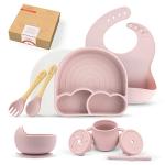 SofiAl Premium Baby Feeding Set, Toddler Divider Plate & Bowl with Suction, Adjustable Silicone Bib, Baby Utensils 11 Items, BPA Free & Microwave, Dishwasher Safe (Rose Pink) from SofiAl