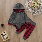 ODASIRA Newborn Baby Boy Clothes Fall Winter Infant Outfits Long Sleeve Hoodie Romper + Red Plaid Pants Set Grey 0-3 Months 70cm from ODASIRA