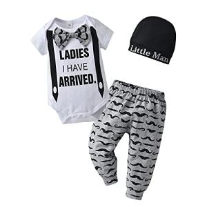 3Pcs Newborn Baby Boy Clothes Summer Short Sleeve Bow Ladies I Have Arrived Romper + Moustache Pants + Hat Outfits Set (Newborn) Grey from 
