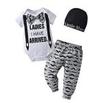 3Pcs Newborn Baby Boy Clothes Summer Short Sleeve Bow Ladies I Have Arrived Romper + Moustache Pants + Hat Outfits Set (Newborn) Grey from 