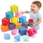 OWNONE 1 Baby Soft Blocks, 16PCS Stacking Building Blocks, Teething & Squeezing Toys for Babies, Cube Blocks with Numbers Animals Fruits, Soft Toys for Babies Infants Toddlers Age 6 to 12 Months Up by KEYI Store