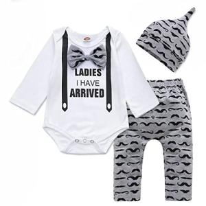 Tikoubabe Newborn Baby Boy Outfits Clothes Infant Cotton Cute Hipster Romper + Long Pants + Hat 3 Pcs Ladies I Have Arrived Mustache hat 70cm White Grey, 0-6 Months from 