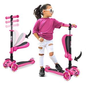 Hurtle 3-Wheeled Scooter for Kids - Wheel LED Lights, Adjustable Lean-to-Steer Handlebar, and Foldable Seat - Sit or Stand Ride with Brake for Boys and Girls Ages 1-14 Years Old - Pink by Hurtle