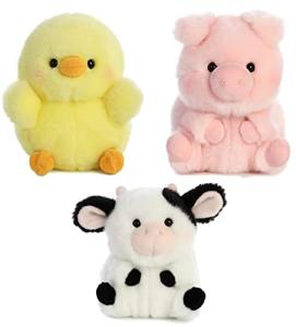 Aurora World Pig, Cow and Chicken Stuffed Animal Plush Toy | Farm Animals Theme | Bundle of 3 Rolly Pet Items, 5 inches Each from Aurora World