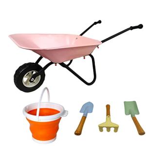 KOVOME Kid's Wheelbarrow Toy, Gardening Metal Small Wheel Barrow Wagon Set, Yard Tools Gift for Boys and Girls, Children Barrows (Pink and Black) by KOVOME