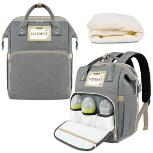 Baby Diaper Bag Backpack, Portable Foldable Bed for Baby Girls Boys, Multifunction Nappy Bags Insulated Bottle Warmer for Newborn Essentials Items Baby Shower Gifts Registry for New Mom Gifts (Gray) from 