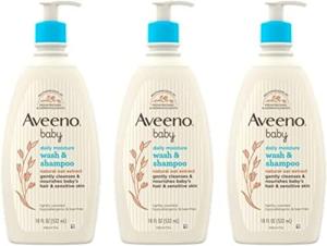 Aveeno Baby Daily Moisture Gentle Bath Wash & Shampoo with Natural Oat Extract, Hypoallergenic, Tear-Free & Paraben-Free Formula for Sensitive Hair & Skin, Lightly Scented, 18 Fl Oz (Pack of 3) from Johnson & Johnson