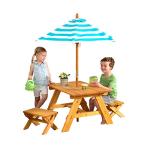 KidKraft Outdoor Wooden Table & Bench Set with Striped Umbrella, Children's Backyard Furniture, Turquoise and White, Gift for Ages 3-8, Amazon Exclusive by KidKraft
