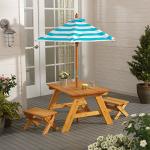 KidKraft Outdoor Wooden Table & Bench Set with Striped Umbrella, Children's Backyard Furniture, Turquoise and White, Gift for Ages 3-8, Amazon Exclusive by KidKraft