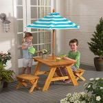 KidKraft Outdoor Wooden Table & Bench Set with Striped Umbrella, Children's Backyard Furniture, Turquoise and White, Gift for Ages 3-8, Amazon Exclusive by KidKraft