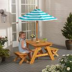 KidKraft Outdoor Wooden Table & Bench Set with Striped Umbrella, Children's Backyard Furniture, Turquoise and White, Gift for Ages 3-8, Amazon Exclusive by KidKraft