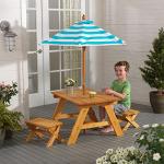 KidKraft Outdoor Wooden Table & Bench Set with Striped Umbrella, Children's Backyard Furniture, Turquoise and White, Gift for Ages 3-8, Amazon Exclusive by KidKraft
