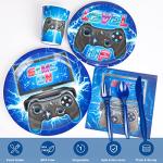 DECORLIFE Video Game Party Supplies Serves 16, Cute Party Plates and Napkins Sets for Boys Birthday, Cups and Knives, Forks, Spoons Included, Blue, Total 112pcs by decorlife