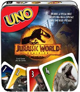 âUNO Jurassic World Dominion Card Game with Movie-Themed Deck, Special Rule and Storage Tin, Gift and Collectible for Dinosaur Fans by Mattel