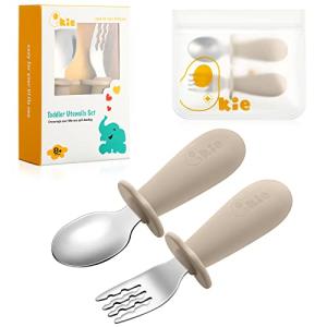 Toddler Utensils Set, Stainless Steel Baby Spoon And Fork With Flatware Storage Bag, Toddler Silverware Set With Food-Grade Silicone Grip For Baby Toddler Self- Feeding, 8 mos +(Sand) from 