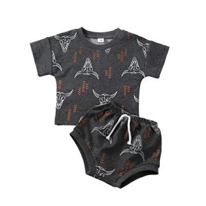 Western Baby Boy Clothes Short Sleeve Cowboy T Shirt Top Cow Print Elastic Waist Shorts 2PCS Baby Summer Outfits (Grey, 0-6 Months) from 