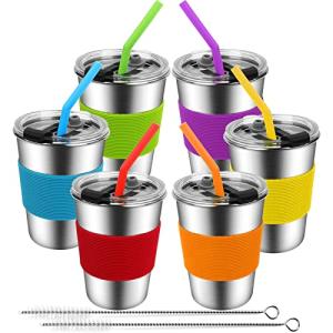 EWSNmata Kids Cups with Straws Spill Proof, Stainless Steel Sippy Cups with Lids, 12oz Toddlers Straws Tumbler, 6 Pack Unbreakable Water Glasses for Children, Adults, Outdoor, Indoor by EWSNMATA