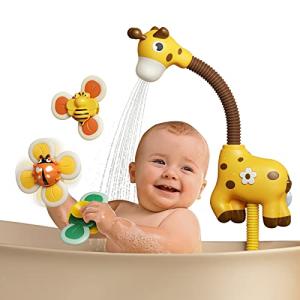 TUMAMA Baby Bath Toy with Shower Head and 3 Suction Spinner Toys, Giraffe Water Spray Squirt Shower Faucet and Bathtub Water Pump Summer Essentials for Toddlers Infants Kids,Yellow from TUMAMA