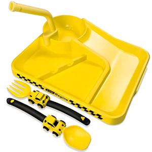 Toddler Plates - Toddler eating Utensil set with Spoon Fork and Removable Straw - Construction theme Toddler Utensils - Baby Plates Feeding set - Construction Plates and Cutlery - Yellow by HEBELLE