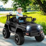OLAKIDS Kids Ride On Truck, 12V Electric Vehicle Jeep Car with Remote Control, Toddlers Battery Powered Toy with 2 Speeds, Spring Suspension, Double Open Doors, LED Lights, Music, USB, Mp3 (Black) from Olakids