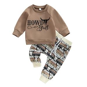 2Pcs Toddler Baby Boy Western Clothes Cow Print Long Sleeve Pullover Sweatshirt Tops+Jogger Pants Fall Winter Outfits (Coffee, 18-24 Months) from KMBANGI