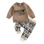 2Pcs Toddler Baby Boy Western Clothes Cow Print Long Sleeve Pullover Sweatshirt Tops+Jogger Pants Fall Winter Outfits (Coffee, 18-24 Months) from KMBANGI