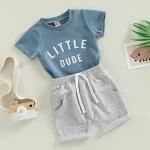 Summer Baby Boy Clothes Letter Print Short Sleeve T-Shirt Tops and Shorts Set Cute Baby Outfit for Boys (Little Dude-Blue,18-24 Months) from BeQeuewll