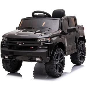 Kidzone 12V Battery Powered Licensed Chevrolet Silverado Trail Boss LT Kids Ride On Truck ATV Car, Toddler Electric Vehicles Toys w/ Remote Control, MP3/Bluetooth, Spring Suspension, LED Light, Black by Kidzone