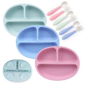 Elk and Friends Silicone Suction Plate for Babies/Toddlers + Stainless Steel Silverware Feeding Set | Divided Plate | Suction Design | Forks + Spoons Included | Perfect Gift | 3 Pack from 
