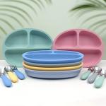 Elk and Friends Silicone Suction Plate for Babies/Toddlers + Stainless Steel Silverware Feeding Set | Divided Plate | Suction Design | Forks + Spoons Included | Perfect Gift | 3 Pack from 