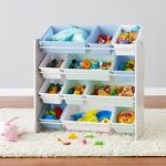 Amazon Basics Kids Toy Storage Organizer with 12 Plastic Bins - Grey Wood with Blue Bins by Hape International Ningbo Ltd