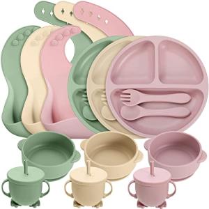 18 Pcs Silicone Baby Feeding Set Infant Dinnerware Adjustable Silicone Toddler Bibs Baby Plates and Bowls Set Suction Bowls Divided Plates Spoons Fork Sippy Cups Utensils for Baby Toddler Self Feeding from Amyhill