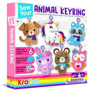 KRAFUN Unicorn Sewing Keyring Kit for Kids Age 7 8 9 10 11 12 Learn Art & Craft, Includes 6 Stuffed Animal Bear, Dog, Rabbit, Raccoon, Owl Dolls, Instruction & Felt Materials from KRAFUN