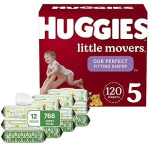 Baby Diapers and Wipes Bundle: Huggies Little Movers Size 5, 120ct & Natural Care Sensitive Baby, Unscented, Hypoallergenic, 12 Flip-Top Packs (768 Wipes Total) by 