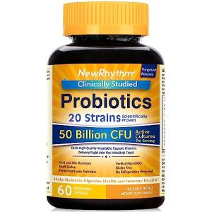 NewRhythm Probiotics 50 Billion CFU 20 Strains, 60 Veggie Capsules, Targeted Release Technology, Stomach Acid Resistant, No Need for Refrigeration, Non-GMO, Gluten Free from NewRhythm