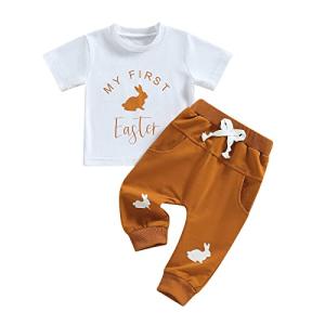 Amiblvowa My 1ST Easter Outfit Newborn Baby Boy Short Sleeve Bunny T-Shirt Jogger Pants Set Infant 2Pcs Summer Clothes (White&Brown My First, 9-12 Months) from Amiblvowa