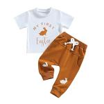Amiblvowa My 1ST Easter Outfit Newborn Baby Boy Short Sleeve Bunny T-Shirt Jogger Pants Set Infant 2Pcs Summer Clothes (White&Brown My First, 9-12 Months) from Amiblvowa