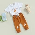 Amiblvowa My 1ST Easter Outfit Newborn Baby Boy Short Sleeve Bunny T-Shirt Jogger Pants Set Infant 2Pcs Summer Clothes (White&Brown My First, 9-12 Months) from Amiblvowa