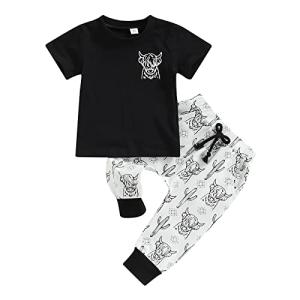 LXXIASHI Western Baby Boy Summer Clothes Cow Print Short Sleeve T-Shirt Top Pants Set 2Pcs Toddler Western Cowboy Outfits (Black, 3-4 Years) by LXXIASHI