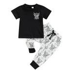 LXXIASHI Western Baby Boy Summer Clothes Cow Print Short Sleeve T-Shirt Top Pants Set 2Pcs Toddler Western Cowboy Outfits (Black, 3-4 Years) by LXXIASHI