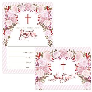 DB Party Studio Set Baby Baptism Invitations with Matched Thank You Notes ( 25 of Each ) Envelopes Included, 5 x 7" Lovely Pink Roses Fill-in Invites & Folded Thanks Cards Infant Christening Pair by Digibuddha