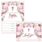 DB Party Studio Set Baby Baptism Invitations with Matched Thank You Notes ( 25 of Each ) Envelopes Included, 5 x 7" Lovely Pink Roses Fill-in Invites & Folded Thanks Cards Infant Christening Pair by Digibuddha
