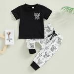 LXXIASHI Western Baby Boy Summer Clothes Cow Print Short Sleeve T-Shirt Top Pants Set 2Pcs Toddler Western Cowboy Outfits (Black, 3-4 Years) by LXXIASHI